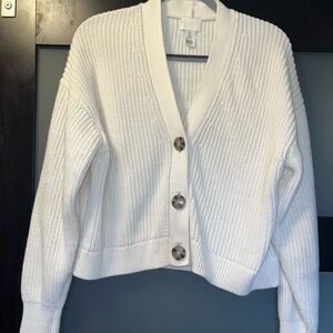 H&M Cream Cropped Ribbed Button-Front Cardigan